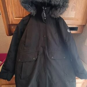 Lands' End Black Ski Jacket with Faux Fur Trim